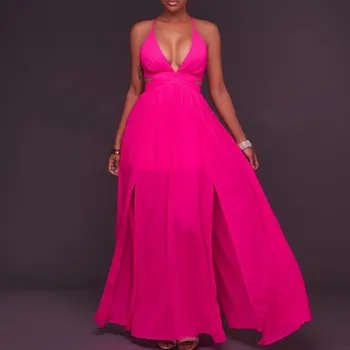 

Solid Color Hollow Out Dresses Sexy Camisole Maxi Dress A-Line Sleeveless Tank Deep V Neck Dress Vestidos