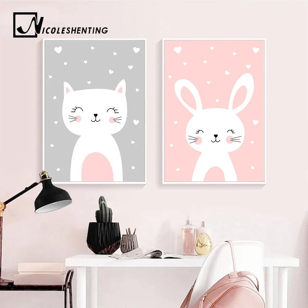 Kawaii Wall Art Холст постер для детской комнаты принт мультфильм кошка кролик Живопись скандинавские детские украшения Картина декор для детской гостиной