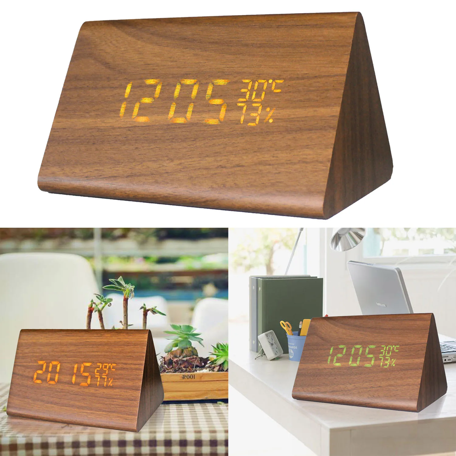 Gosear LED Light 2 Power Supply Mode Sound Control Temperature Indicator Mute Wooden Decorative Desktop Alarm Clock Accessories