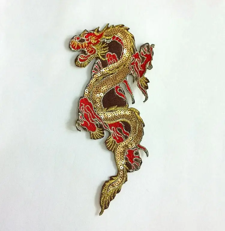 

9x19cm Little Sequin Golden Dragon Cloth Applique Raw Material with Glue Iron-On Patches for Classic Or Performing Clothes