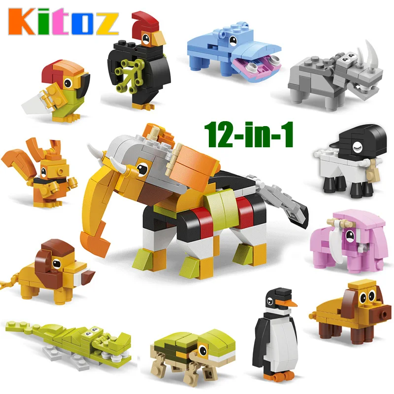

Kitoz 12-in-1 Animal Building Block Brick Set Elephant Lion Compatible with Lego Constructor Kid Educational Toy for Children