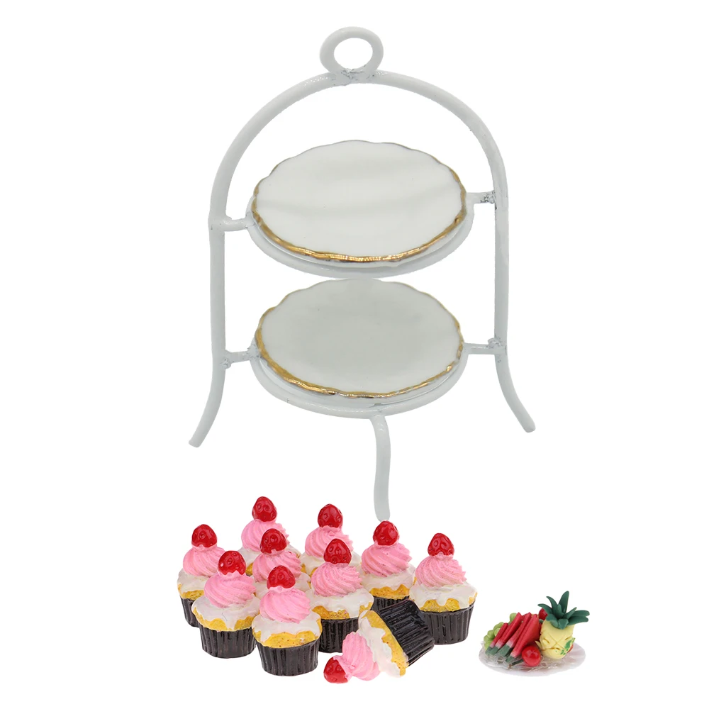 Miniature Alloy Food Stand Holder With Porcelain Plate and Cream Cup Cake Kits For 1/12 Dollhouse Dining Room Life Scene Decor