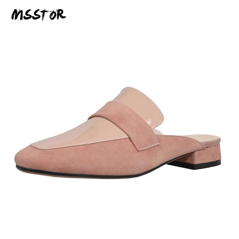 

MSSTOR Kid Suede Mules Shoes Women Outside Mixed Colors Concise Outside Black Casual Low Shoes Square Toe Ladies Summer Slippers