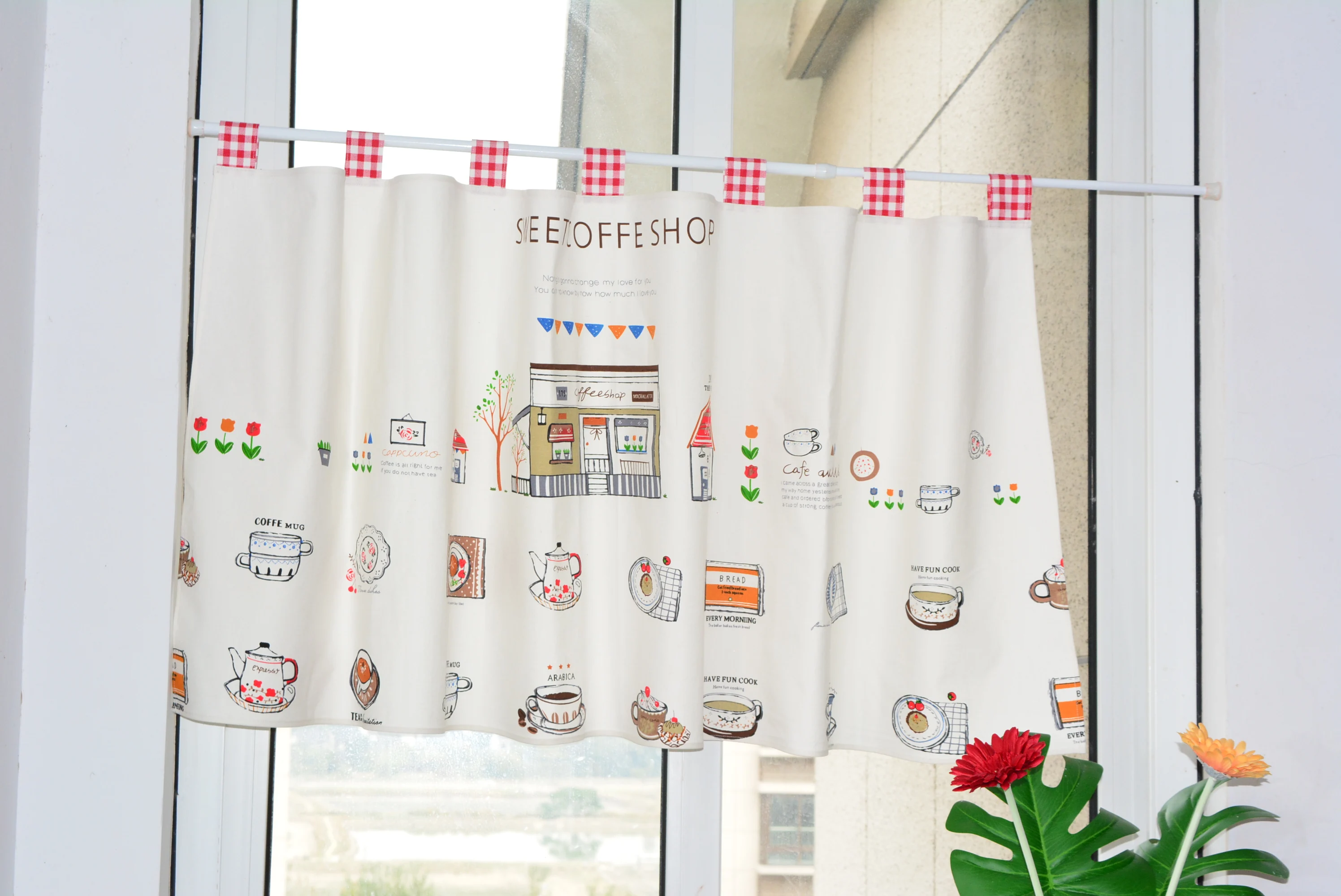 RZCortinas Cotton Linen Modern Curtain for Kitchen Cartoon pattern Short blackout Curtain for Coffee Bar Home Curtain Customized