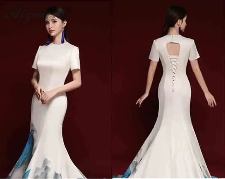 Новинка 2019 года этап шоу Длинные Cheongsam Современная нация ветер хост Qi ПАО для женщин Oriental вечернее китайское платье-Ципао Chinoise белый хвост