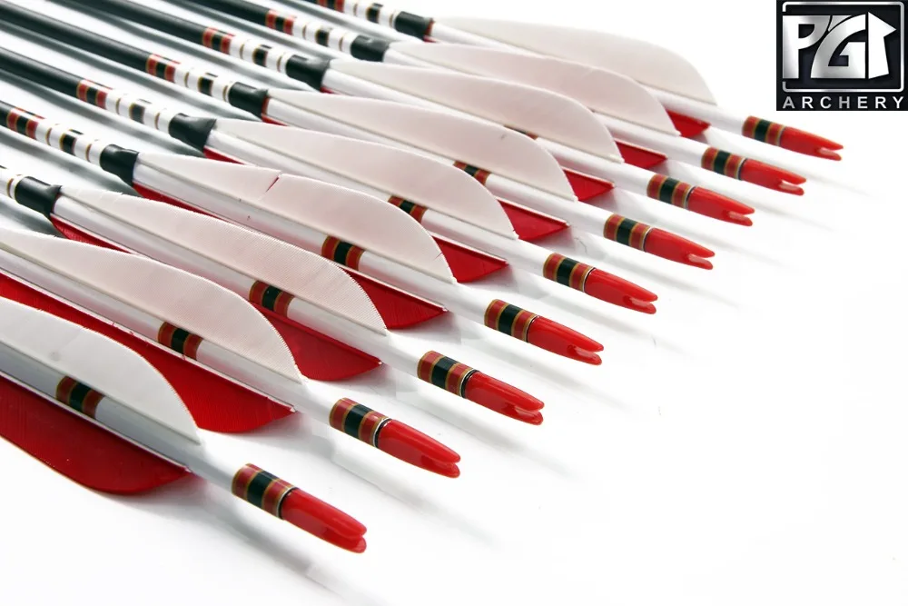 PG1ARCHERY Carbon Arrow With 5'' Parabolic Feathers Spine 500 OD 7.6mm Hunting Archery Arrows  