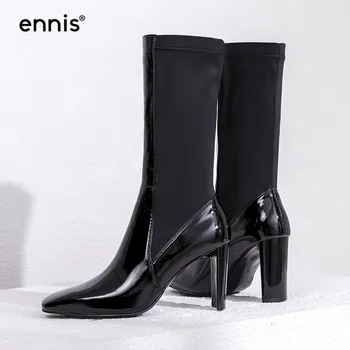

ENNIS 2019 Black Mid Calf Boots Women's Patent Leather Boots High Heels Stretch Boots Female Autumn Shoes Fashion Eurpean A942