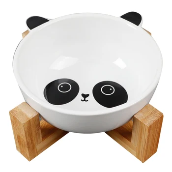 

New Dog Cat Bowls Cute Cartoon Pattern Ceramic Feeding Feeder Water Bowl For Pet Dog Cats Puppy Food Dish with Wood Stand