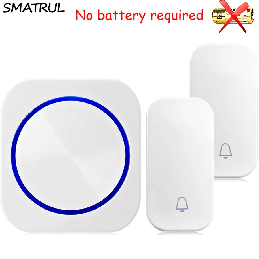 

SMATRUL self powered Waterproof Wireless DoorBell LED light no battery EU plug home Door Bell ring chime 2 button 1 Receiver