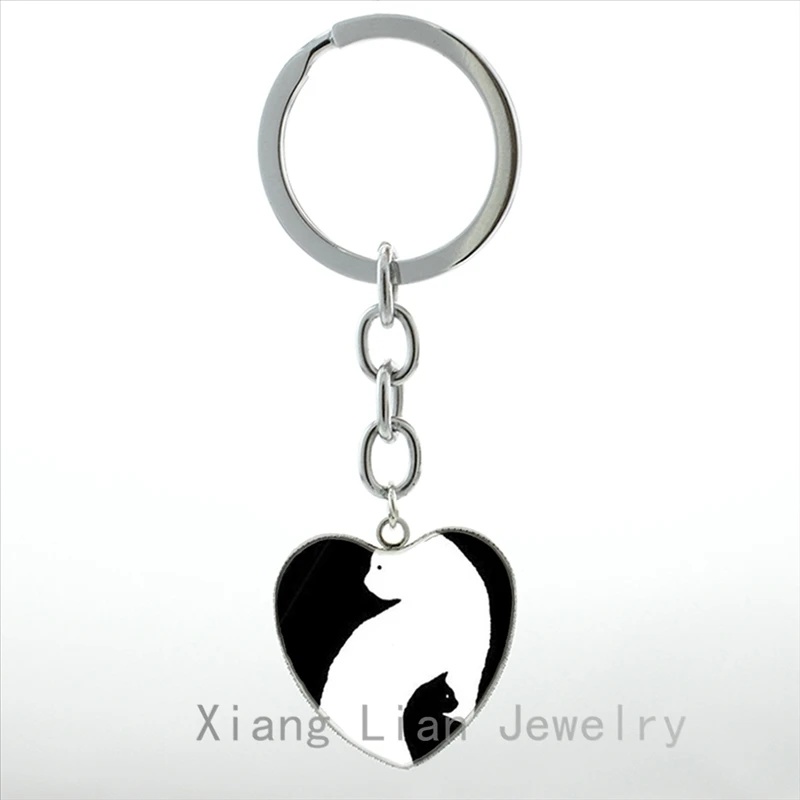 

Vintage Black White Cat Silhouette Yin Yang heart Pendant keychain cute Lucky Cat key chain ring for men women jewelry HP100