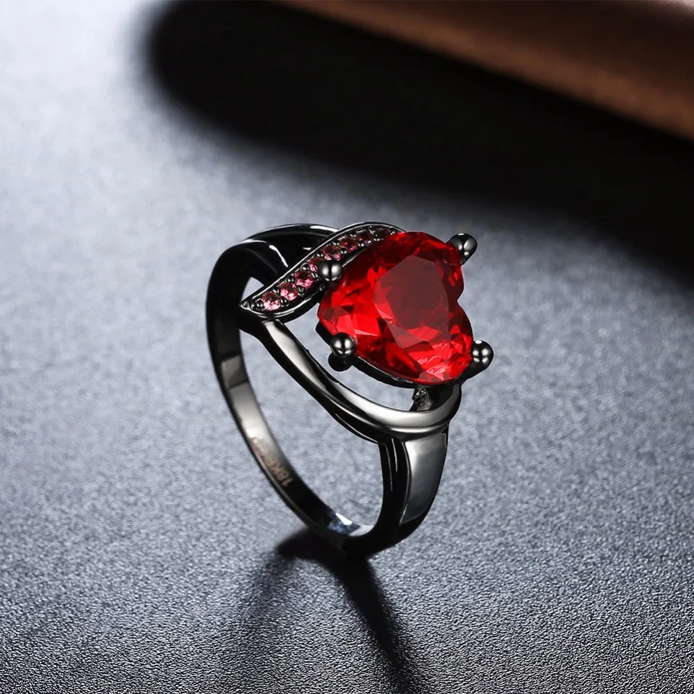 Paryt Accessories Black Gun Color Ring Red Heart Cubic Zirconia Rings For Womens New 2018 Fashion Jewelry (JewelOra RI103307)