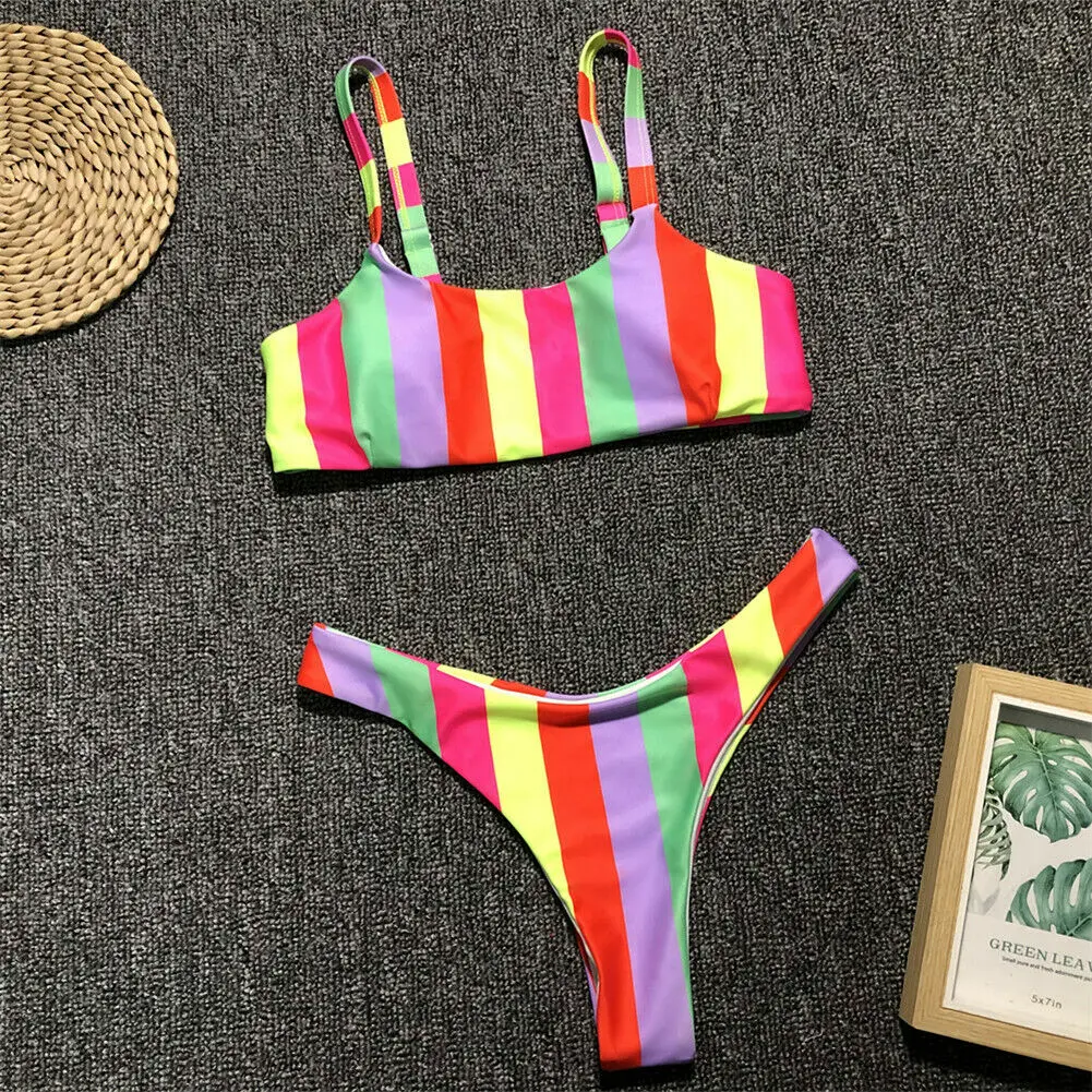 

2019 Summer Sexy Women Colorful Striped Printed Triangle Bikini Set Bathing Suit Push Up Padded Bra Swimsuit Monokini Swimwear