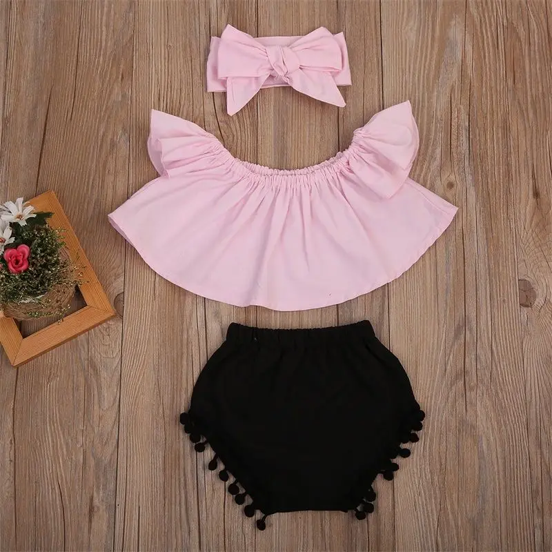 HOT Newborn Baby Girl Clothes Off Shoulder Tops Pant Shorts Headband Outfit