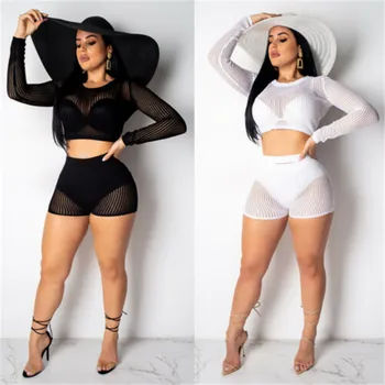 

Women Summer Sexy Set Hollow Mesh Net T-Shirt Long Sleeve Tee Tops+Shorts Transparent Blouse Party Night Club wear 2019 New