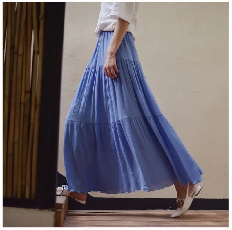 Женская короткая длинная юбка в японском стиле, летняя коллекция, Женская Повседневная Эластичная юбка с высокой талией из хлопка и льна, плиссированные пляжные юбки SK213