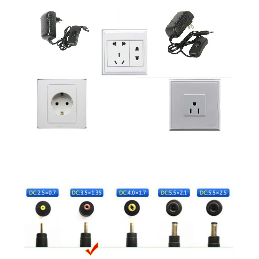 Адаптер питания DC12V 2A с кнопочным переключателем, 24 Вт макс AC100-240V к трансформатору DC12V, 1,35 мм X 3,5 мм штепсельная вилка США/ЕС(упаковка из 1