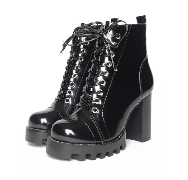

Newest Brand Black Patent Leather Side Zip Platform High Heel Ankle Boots Fashion Woman Thick Heels Lace-up Riding Boots