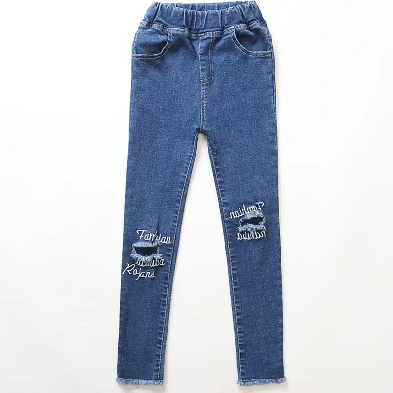 Teenage Children Girls Jeans Fashion Elastic Waist Denim Pants Kids Skinny Jeans for Girl Ripped Trousers Kids Clothes 4-13