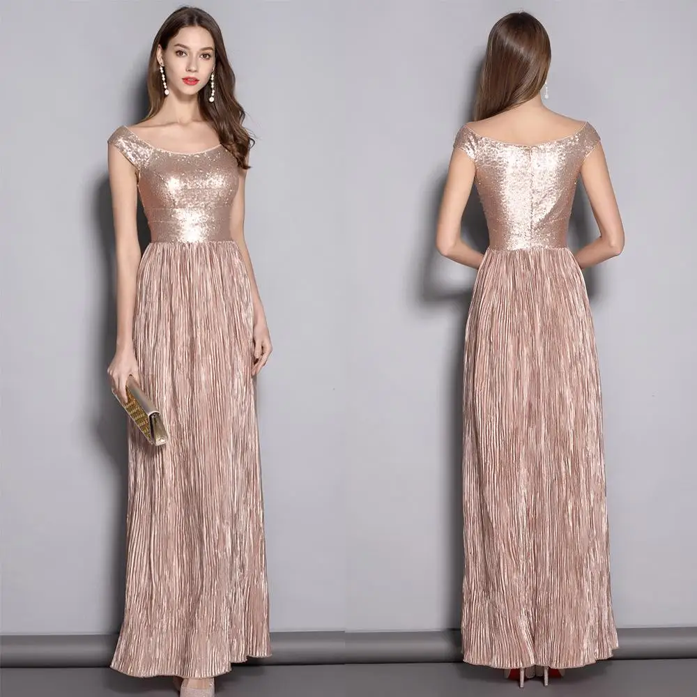 

Elegant Floor Length Dresses Women Sequin Sexy Pleated Party Dress Vestidos Ladies Prom Long Runway Dress PB94