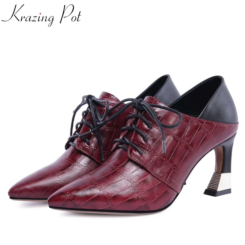 

Krazing Pot 2018 genuine leather pointed toe strange high heels Autumn Winter preppy style work career woman European pumps L0f2