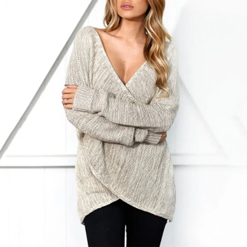 New Autumn Women Simple Casual V Neck Front Cross Weekend Sweater Long Sleeve Knitting Solid 
