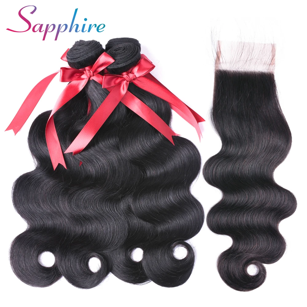 SAPPHIRE Peruvian 4 Bundles with Closure Body Wave 100% Human Hair Free Part Lace 5PCS | Шиньоны и парики