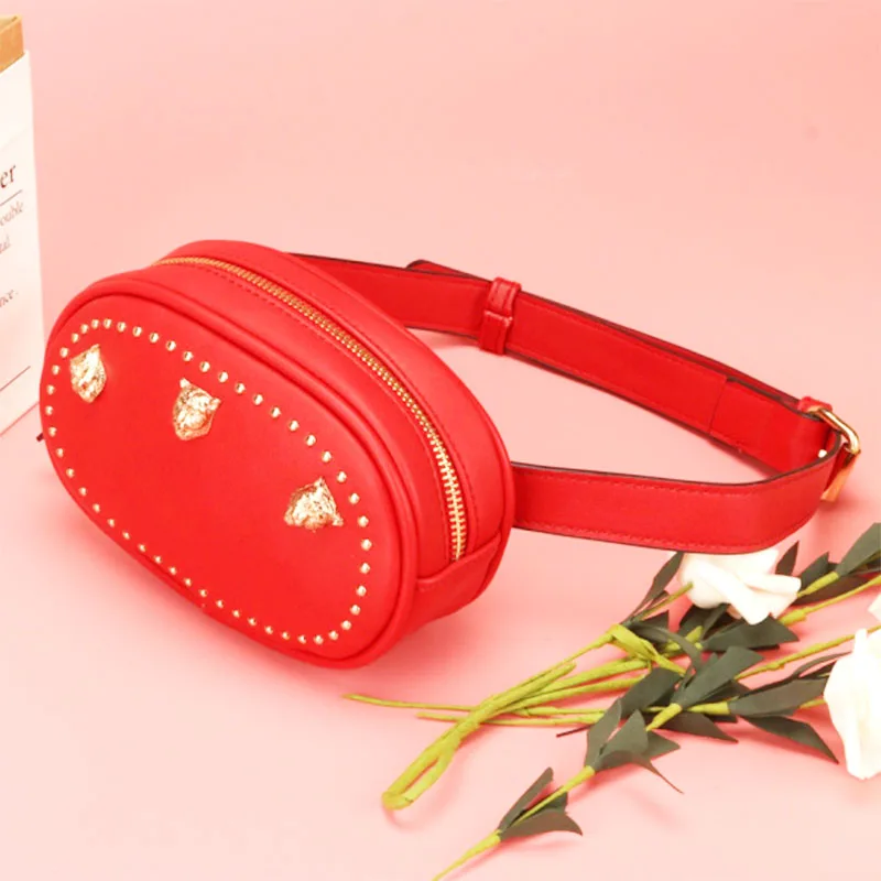 

KYYSLO Mobile Phone Tiger head Waist Bags Women PU Leather Rivet chest bag Wild mini round bag Personal shoulder Crossbody bag