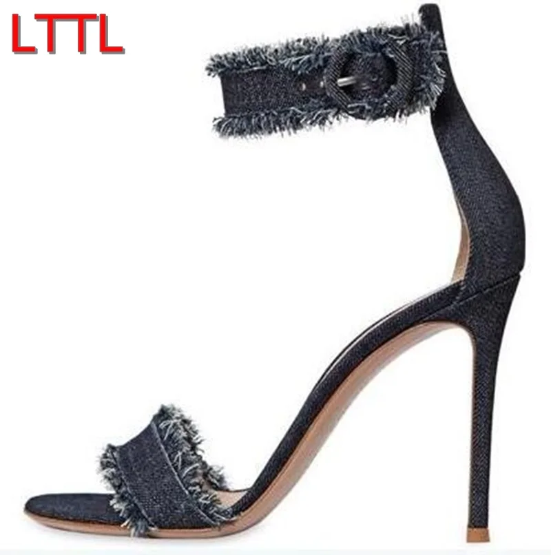 denim high heel sandals
