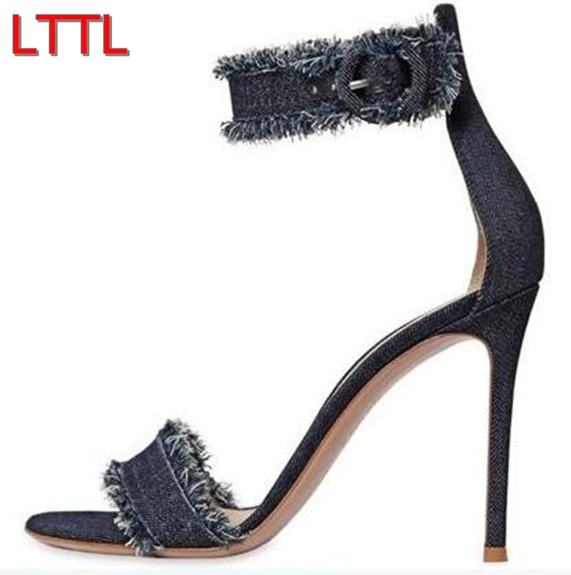 16 Lttl女性デニムサンダルグラディエーターサンダル結婚式の靴ダークブルージーンズハイヒールオープンつま先文字列バックルパンプス Sandals Wedding Sandals Gladiatorhigh Heels Open Toe Aliexpress