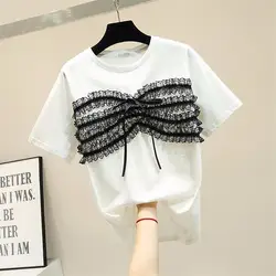 Корейская стильная кружевная белая футболка в стиле пэчворк Женская хлопковая футболка с коротким рукавом 2019 летние топы свободная