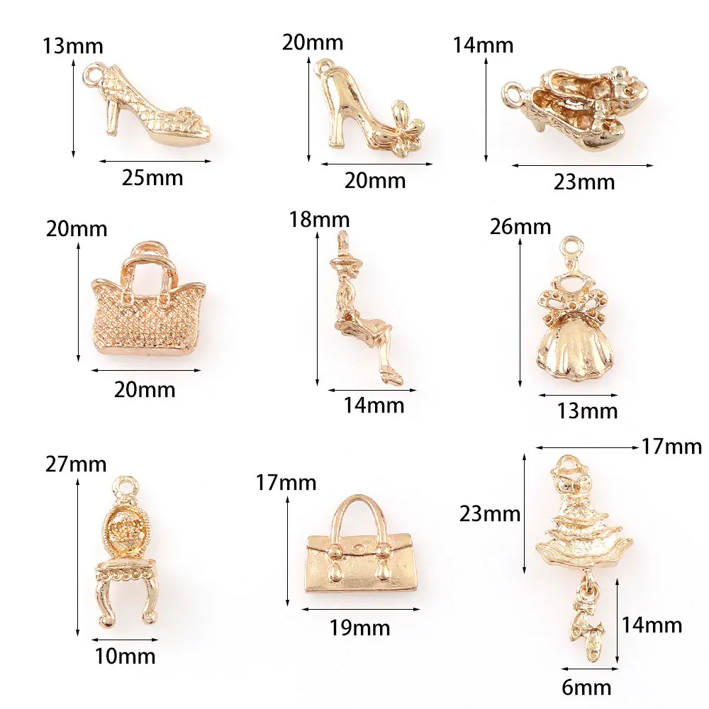 9 видов стилей, 50 г/лот, модные, KC, золотые, на высоком каблуке, на сумку на юбку, для девушек, кулон тапок, винтажные, с большим отверстием, свободные браслеты, Очаровательные Подвески
