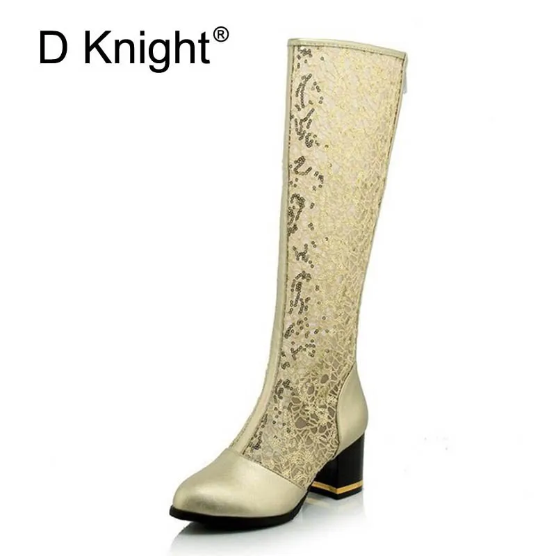 New Fashion Round Toe Women Knee High Boots Thick Heels Zipper Sexy Cutout Mesh Boots Summer Cool Boots Gold Black Women's Shoes цена New Fashion Round Toe Women Knee High Boots Thick Heels Zipper Sexy Cutout Mesh Boots Summer Cool Boots Gold Black Women's Shoes цены онлайн
