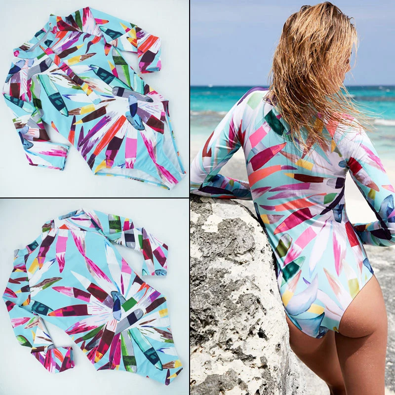 

S-XL Long Sleeves One Piece Women's Swimming Suit 2019 Retro Print Swimwear Surfing Rash Guard Swimsuit Sexy Bathing Beachwear