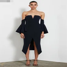 2016 neue Frauen Herbst Schwarz Strapless Off The Shoulder Split Bodycon Sexy Elegante Abend-partei-verband-kleid Dropship AA-879