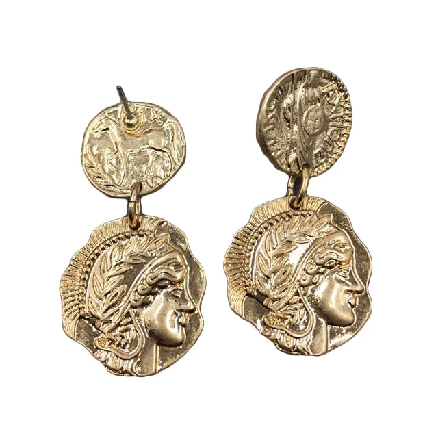 

Retro Queen Engraved Coin Drop Earrings Gold Filled Figure Face Medal Party Long Women Earrings Classic Round Jewelry T
