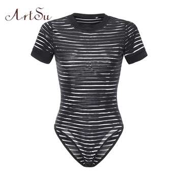 

ArtSu Black Striped Women Mesh Bodysuit Sexy Transparent Jumpsuit O Neck Body Top Short Sleeve Slim Romper Playsuits ASJU30261