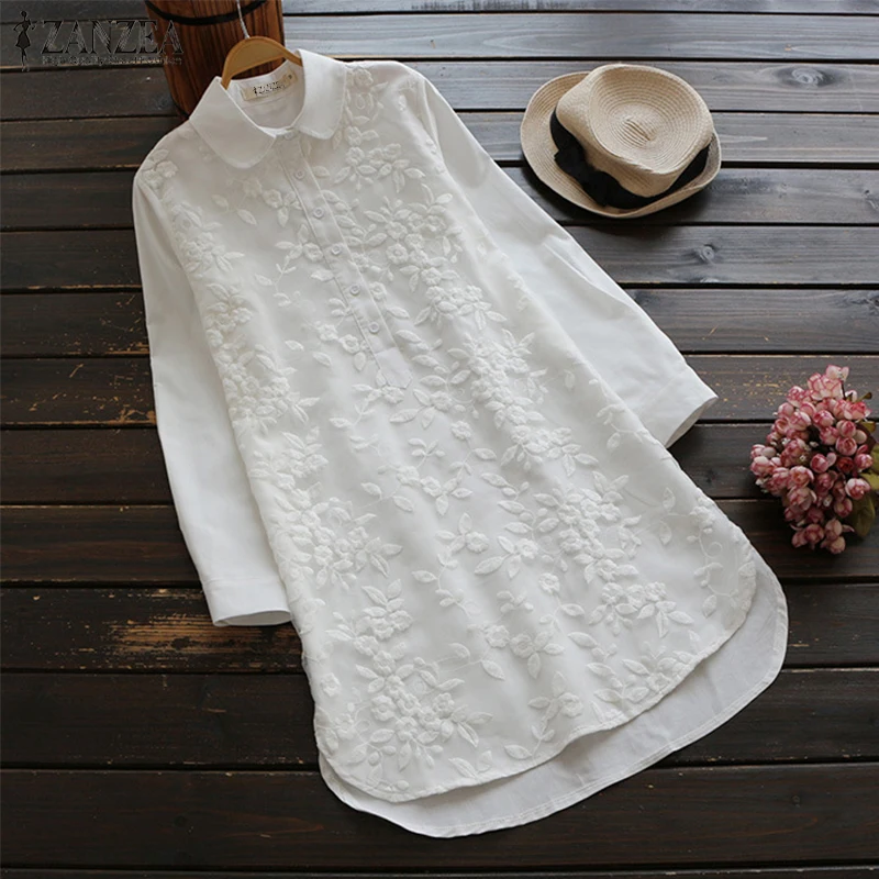 Skup ZANZEA Kobiety Retro Hafty Koszula Sukienka 2018 Jesień Lapel Neck Z Długim Rękawem Pracy OL Długim Top Casual Solidna Loose Blusas vestido