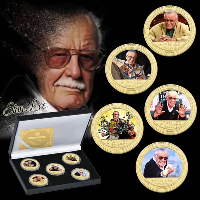 

WR 5Pcs/lot Gold plated Famous Person (Stan Lee) souvenir coin with certificate Gift Collection high quality coin Collection box