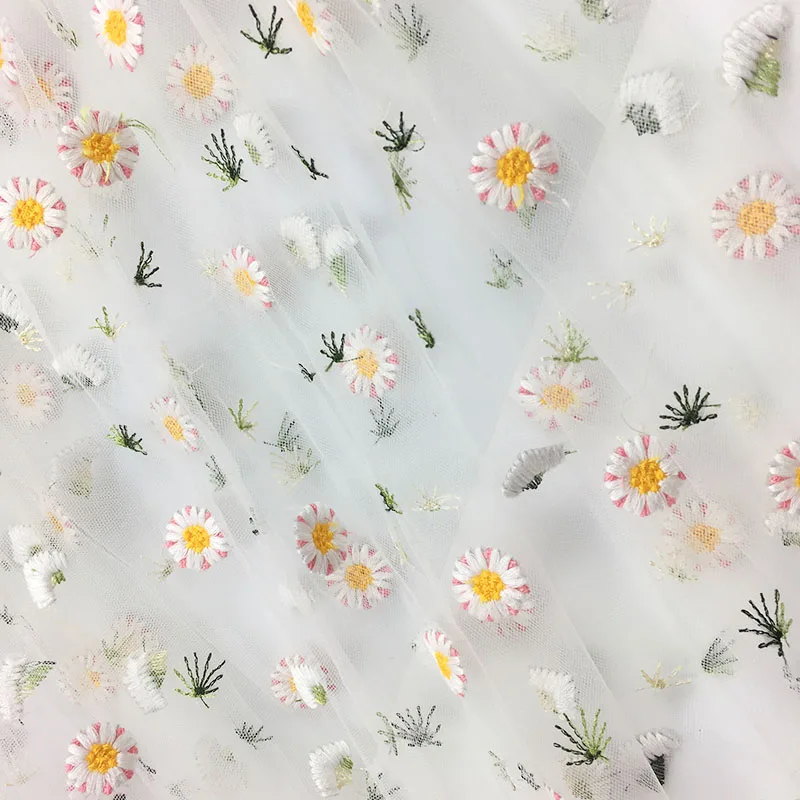 

1Yard Daisy Flower Lace Fabric Mesh Emoidered White Black Apricot Lace Tulle Afraican Fabric For Wedding Dress Sewing Fabrics