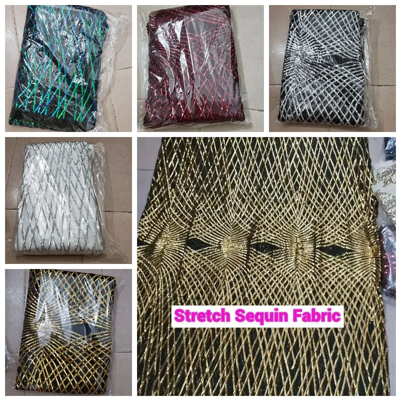 

Stretch Net Lace Fabric with Sequins High Quality African Lace Stretch Net sequin fabric 5 yard/lot Stretch Lace Material