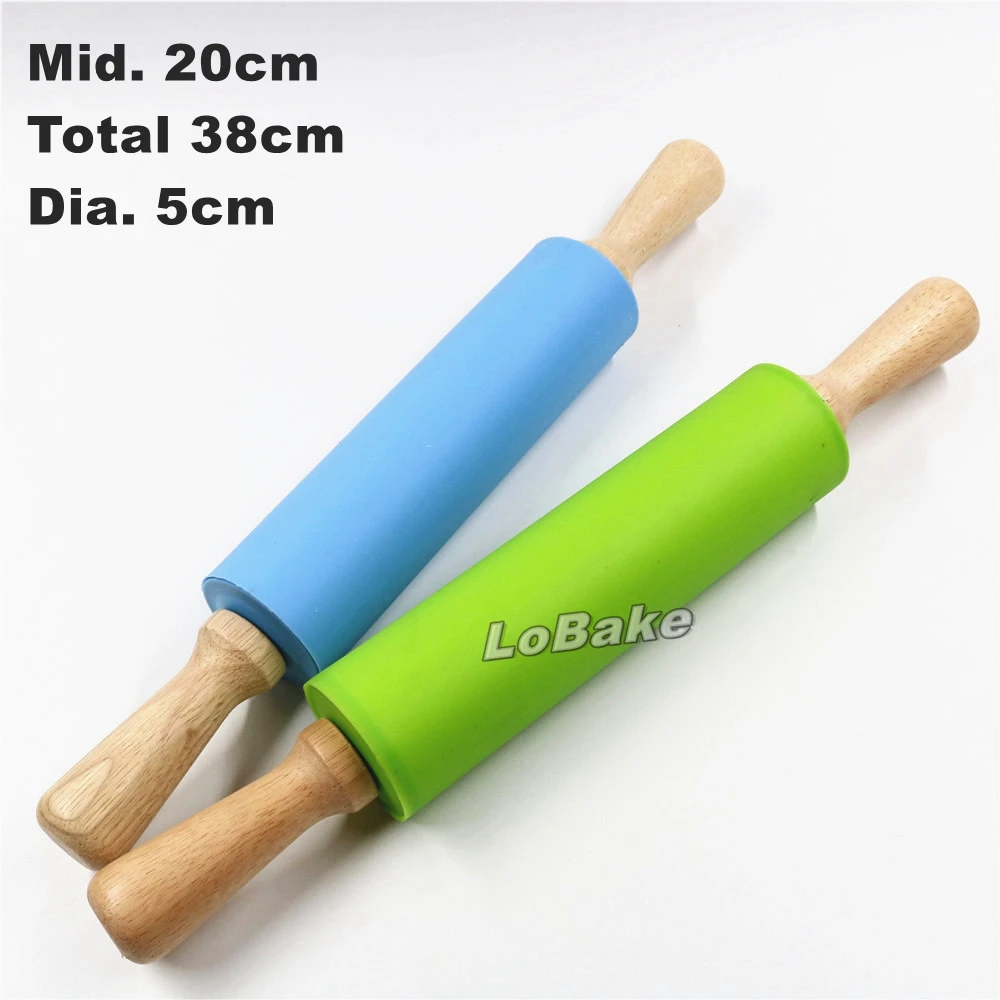 

Latest 38cm length 20cm mid.5cm diameter silicone rolling pin with wooden handle dough pressing dumpling maker cooking gadgets