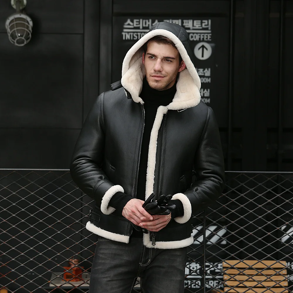 AYUNSUE, натуральная кожа, мужская куртка, зимняя куртка из короткой овечьей шерсти, мужская куртка из овчины, куртка Авиатор В3, 17-7009, KJ1125