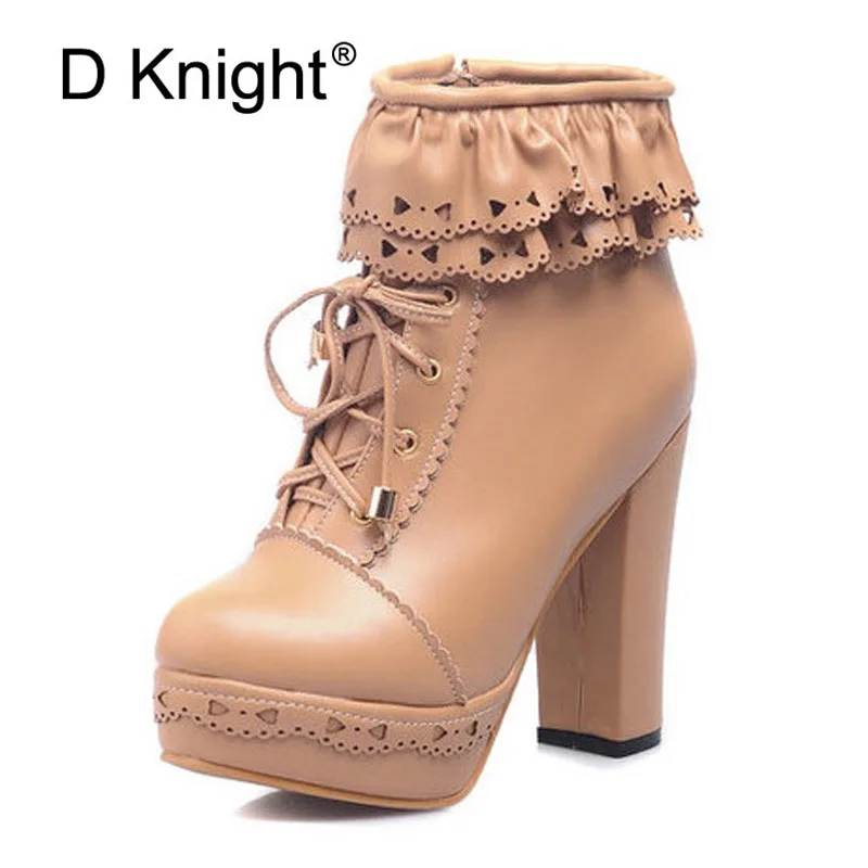 

Women Boots Thick High Heels Lace Up Side Zip Ankle Boots Fashion PU Leather Botas Women Autumn Winter Lolita Shoes Large Size