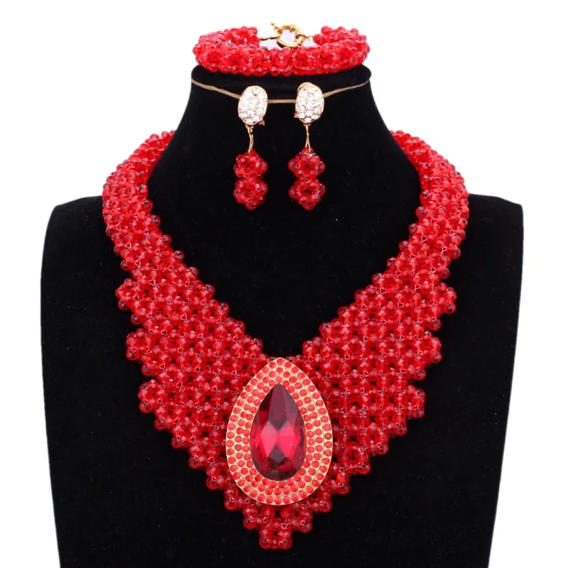 

Dudo Jewelry Nigerian Jewelry Set 2018 Hot Red Rhinestone Bridal Jewellery set For Women Heart Earrings necklace Bracelet 3 Pics