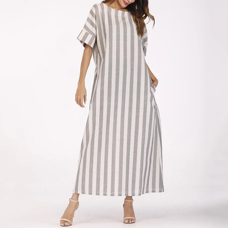 

plus size Striped dresses for women 4xl 5xl Womens Casual O Neck Short Sleeve Big Size Loose Baggy Cotton Linen Long Maxi Dress