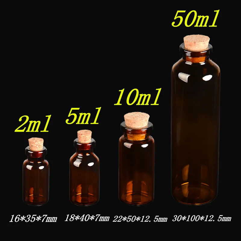 2ml 5ml 10ml 50ml Amber Glass Vials with Cork Empty Small Brown Tiny Glass Jars Mini Glass Bottles Vials Jars Containers 100pcs 2