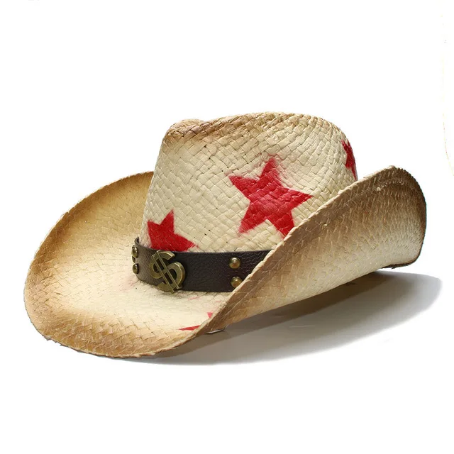 

Fashion Women Men Straw Western Cowboy Hat With Punk Money Band Star Lady Dad Sombrero Hombre Cowgirl Jazz Caps Size 58CM