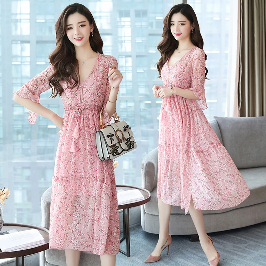 

Summer Chiffon Floral Dress Plus size Boho Dress 2019 New Elegant Women Midi dresses Party Pink Long Maxi sundress Beach Vestido