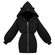 Pentagram Zipper Cute Cat Ears Moon Print Hoodie Long Sweatshirt Black Women Punk Gothic Hoody Ladies 2019 Autumn Slim Jacket plus size cat print hoodie with ears
