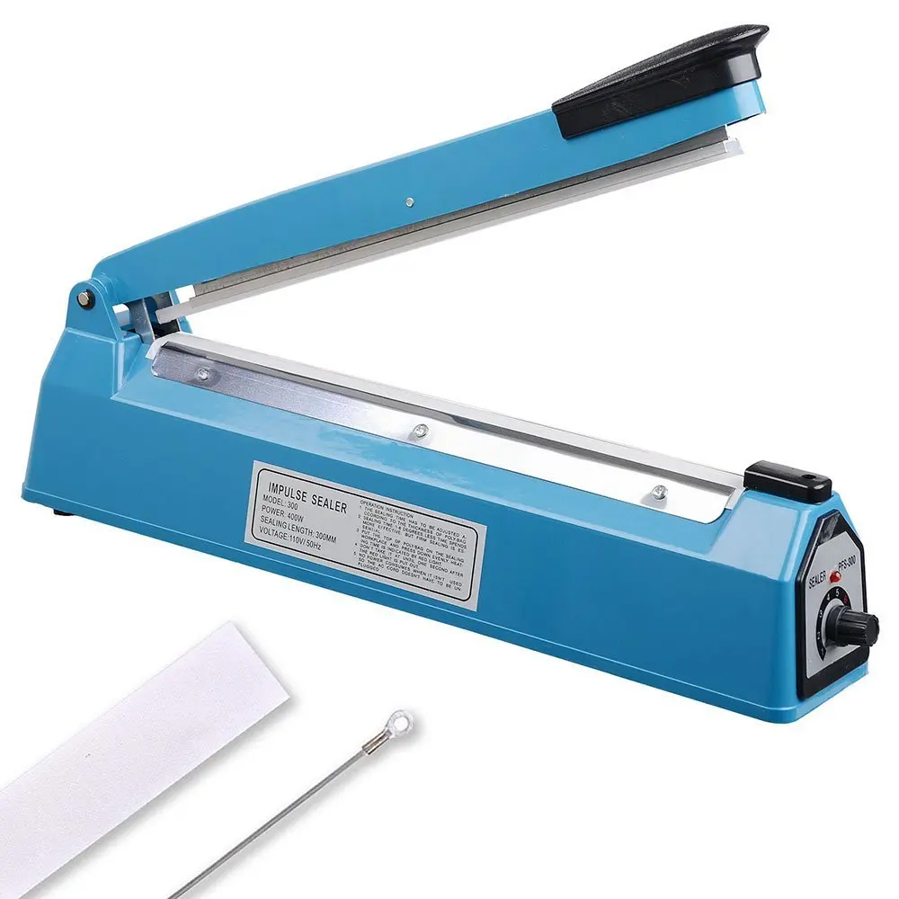 12" 300mm Impulse Manual Hand Sealer Heat Sealing Machine Poly Tubing Plastic Bag w/ Spare & Sealing Elements
